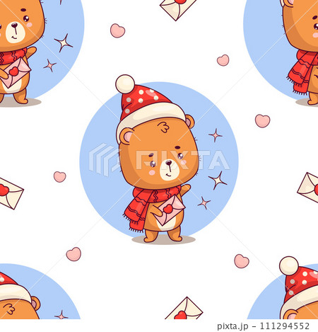 Seamless pattern with cute bear cub with love letter on white background. Funny kawaii winter animal character. Vector illustration. Holiday romantic valentine backdrop. Kids collection Seamless pattern with cute bear cub with love letter on white background. Funny kawaii winter animal character. Vector illustration. Holiday romantic valentine backdrop. Kids collection 111294552