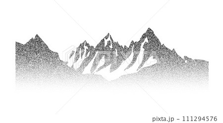 Grain stippled mountain range illustration. Dotted landscape terrain silhouette. Black white grainy hill chain. Grunge noise mount peak background. Pointillism texture wallpaper. Dot work style vector Grain stippled mountain range illustration. Dotted landscape terrain silhouette. Black white grainy hill chain. Grunge noise mount peak background. Pointillism texture wallpaper. Dot work style vector 111294576