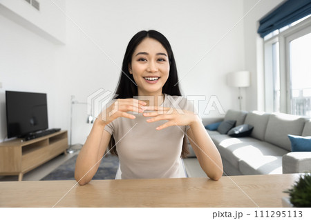 Cheerful beautiful Asian student girl talking on online conference chat Cheerful beautiful Asian student girl talking on online conference chat 111295113