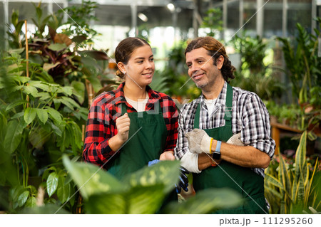 European man gardener is discussing work issues with a young female colleague 111295260
