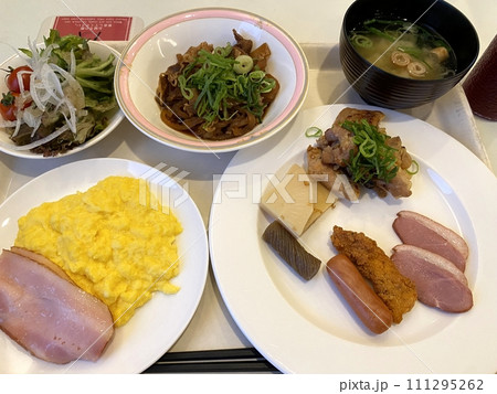 【旅行・ホテル】バランスよく盛られたホテルの朝食バイキング(真上から・アップ) 【旅行・ホテル】バランスよく盛られたホテルの朝食バイキング(真上から・アップ) 111295262
