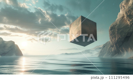 【AI生成画像・AIイラスト】水面と鉄のキューブ【非現実的な風景】 111295496