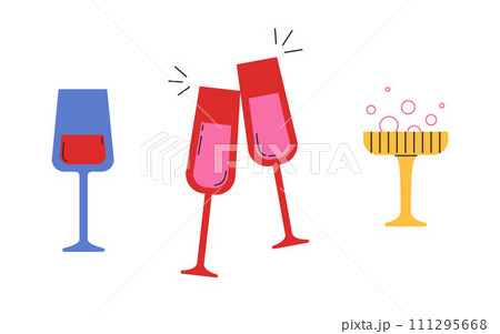 Set of other wineglasses. For wine and champagne. Vector illustration in a flat style. Groovy style. For stickers, cards design 111295668