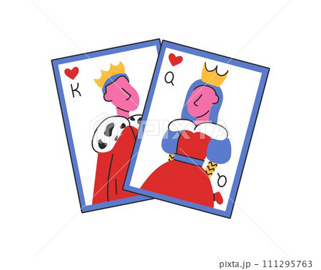 Playing card with king and queen in a flat style. Valentine's day doodle vector illustrations isolated on white background Playing card with king and queen in a flat style. Valentine's day doodle vector illustrations isolated on white background 111295763
