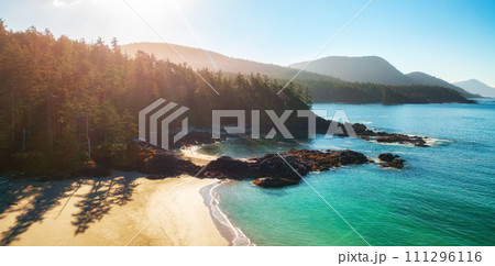Sandy shore on Pacific Ocean West Coast. Sunrise. Vancouver Island, BC, Canada. 111296116