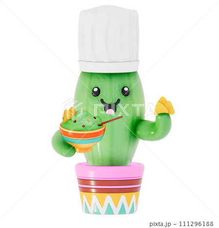 Cinco De Mayo , Cute Cactus Wearing a chef's hat with holding a bowl of guacamole and tortilla chips on transparent background , 3D Rendering Cinco De Mayo , Cute Cactus Wearing a chef's hat with holding a bowl of guacamole and tortilla chips on transparent background , 3D Rendering 111296188