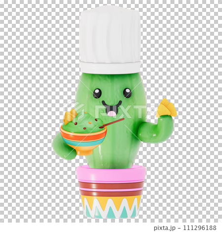 Cinco De Mayo , Cute Cactus Wearing a chef's hat with holding a bowl of guacamole and tortilla chips on transparent background , 3D Rendering 111296188