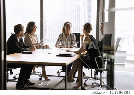 Happy young African American business leader woman holding brainstorming meeting Happy young African American business leader woman holding brainstorming meeting 111296892