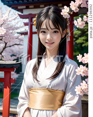 神社の鳥居の前に立っている白い着物でかんざしを付けた女性 神社の鳥居の前に立っている白い着物でかんざしを付けた女性 111296992