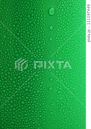 water drop on green beverage cans background, texture of cold aluminium package water drop on green beverage cans background, texture of cold aluminium package 111297449