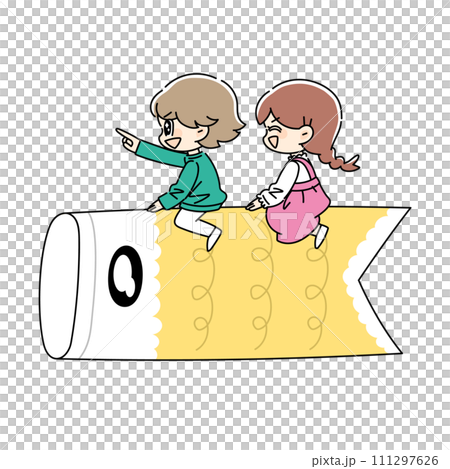 Children riding carp streamers Children riding carp streamers 111297626