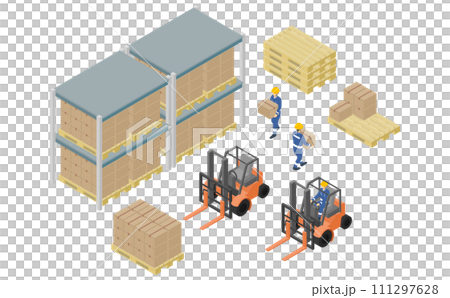 Isometric illustration: forklift and warehouse Isometric illustration: forklift and warehouse 111297628