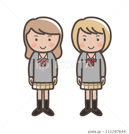 ニットベストの制服姿のかわいいギャル風女子高生2人のイラスト 111297644