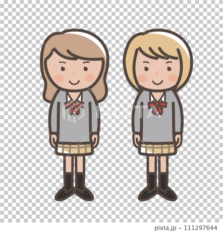 ニットベストの制服姿のかわいいギャル風女子高生2人のイラスト 111297644