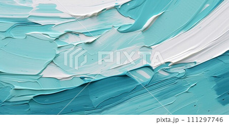 カラフルで立体的な抽象油絵横長背景バナー)ターコイズブルーと白の厚塗りカーブ。AI生成画像 カラフルで立体的な抽象油絵横長背景バナー)ターコイズブルーと白の厚塗りカーブ。AI生成画像 111297746