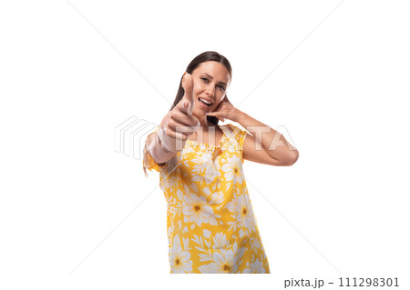 young brunette woman with straight hair dressed confidently showing class like 111298301