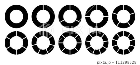 Circle divided into 1-10 parts in black color. Hollow circle segmented into 1-10 parts diagram graph icon set. Pie shape section chart in ten parts black colour. Hollow circle divided in ten parts. 111298529