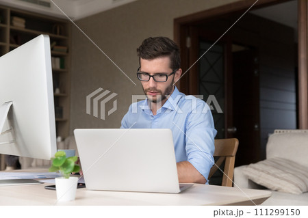 Freelancer working seated at desk with pc monitor and laptop 111299150