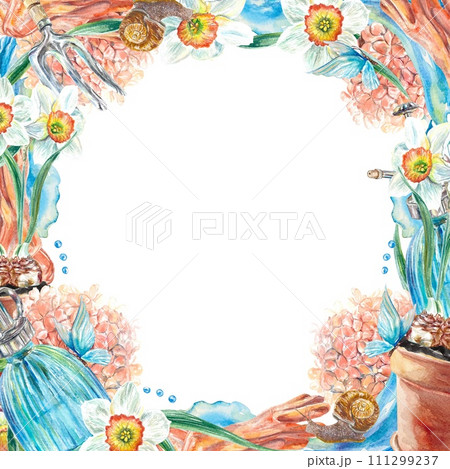 Daffodils frame. Hydrangea, snail, spray, pot. Watercolor illustration isolated on white background. Greeting cards, invitations, banners, covers. 111299237