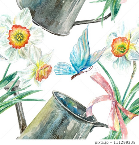 Daffodils pattern. Watering can, butterfly. Watercolor illustration isolated on white background. Invitations, covers, banners, packaging, textiles. 111299238