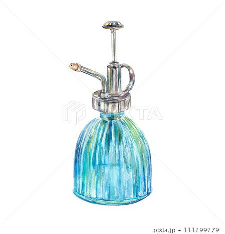 Water sprayer for plants, glass. Watercolor illustration isolated on white background. Cards, invitations, covers, garden banners, labels, hair salons 111299279