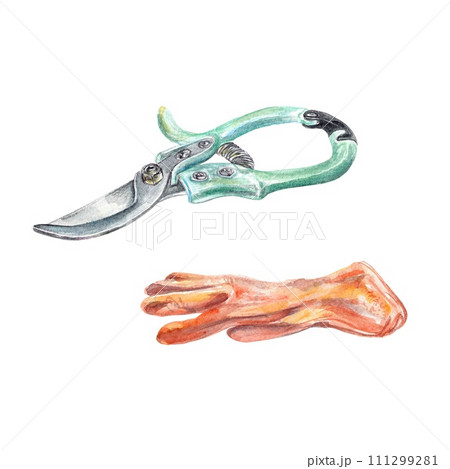 Gardening scissors, glove. Watercolor illustration isolated on white background. Greeting cards, invitations, garden banners, covers, flyers. 111299281