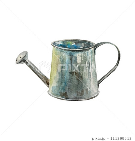 Garden watering can, watercolor, metal. Illustration isolated on white background. Cards, invitations, covers, garden banners, labels. Garden watering can, watercolor, metal. Illustration isolated on white background. Cards, invitations, covers, garden banners, labels. 111299312