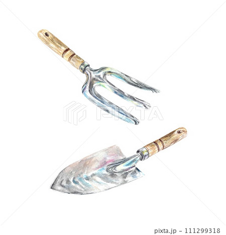 Garden shovel, pitchfork. Watercolor illustration isolated on white background. Design element for greeting cards, invitations, garden banners, covers 111299318