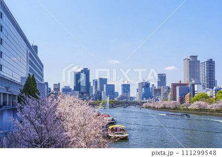 水都大阪　大川沿い　天満橋と満開の桜 111299548