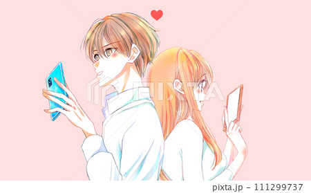 スマホを操作している背中合わせの男女 恋愛 スマホを操作している背中合わせの男女 恋愛 111299737