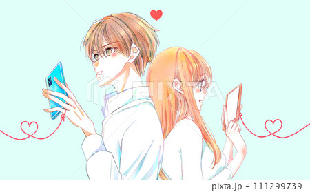 スマホを操作している背中合わせの男女　赤い糸 111299739