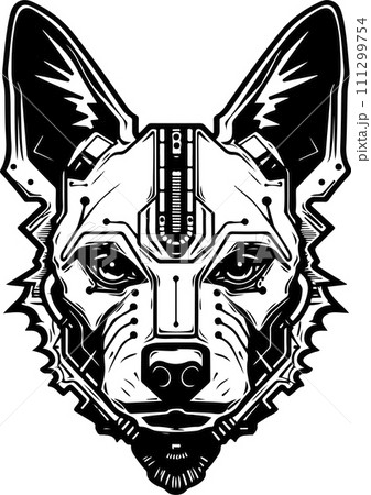 Modern strict logo template of abstract dog, wolf head. Vector illustration of wolf or dog for print, poster or logo Modern strict logo template of abstract dog, wolf head. Vector illustration of wolf or dog for print, poster or logo 111299754