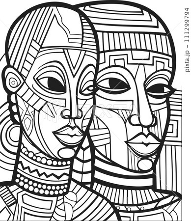 Abstract art vector outline illustration of couple, man and woman portrait. Black and white coloring page of human faces. 111299794