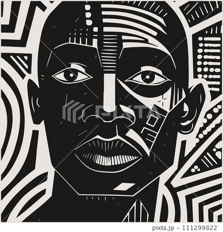 Abstract art vector outline illustration of african man face. Black and white coloring page of human face portrait. Modern print, poster image. Abstract art vector outline illustration of african man face. Black and white coloring page of human face portrait. Modern print, poster image. 111299822