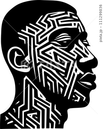 Abstract art vector outline illustration of african man face. Black and white coloring page of human face portrait. Modern print, poster image. Abstract art vector outline illustration of african man face. Black and white coloring page of human face portrait. Modern print, poster image. 111299836