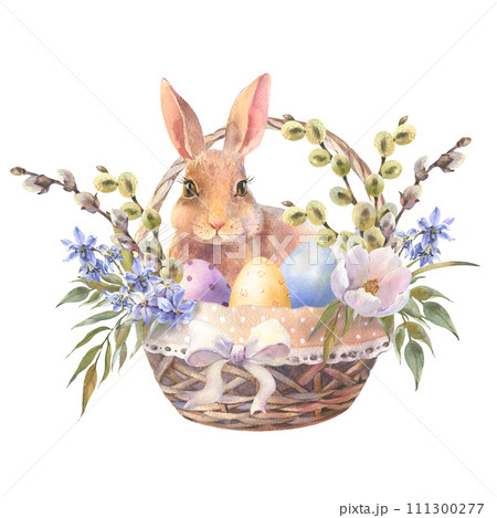 Watercolor bunny, easter rabbit in floral basket with colorful eggs, spring bunny animal illustration. Vintage style. Drawing on isolated white background for greeting cards or invitations. Watercolor bunny, easter rabbit in floral basket with colorful eggs, spring bunny animal illustration. Vintage style. Drawing on isolated white background for greeting cards or invitations. 111300277