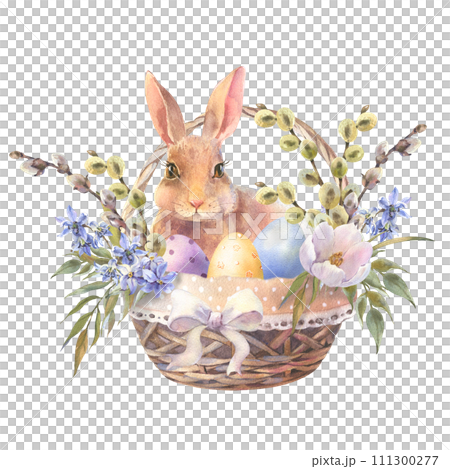 Watercolor bunny, easter rabbit in floral basket with colorful eggs, spring bunny animal illustration. Vintage style. Drawing on isolated white background for greeting cards or invitations. Watercolor bunny, easter rabbit in floral basket with colorful eggs, spring bunny animal illustration. Vintage style. Drawing on isolated white background for greeting cards or invitations. 111300277