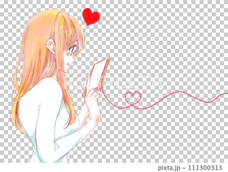 一位女士高興地觸摸她的智慧型手機。喜歡紅線。 一位女士高興地觸摸她的智慧型手機。喜歡紅線。 111300313