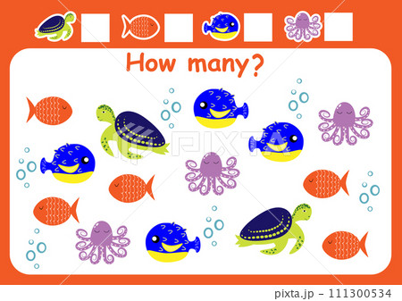 How many sea animals are there? Counting game for children. Math assignment for preschoolers. How many sea animals are there? Counting game for children. Math assignment for preschoolers. 111300534