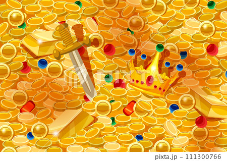 Gold coin background, pile of gold coins, ancient artifacts crown sword, gem stones treasure top view. Vector illustration pattern Gold coin background, pile of gold coins, ancient artifacts crown sword, gem stones treasure top view. Vector illustration pattern 111300766