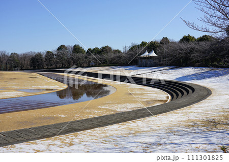 快晴の稲城中央公園　雪に覆われた総合グラウンド（東京都稲城市） 111301825