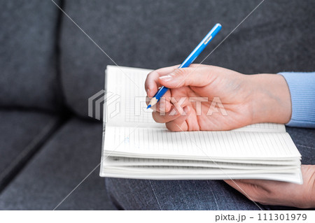 A woman is sitting on the sofa, writing in her diary. A woman is sitting on the sofa, writing in her diary. 111301979