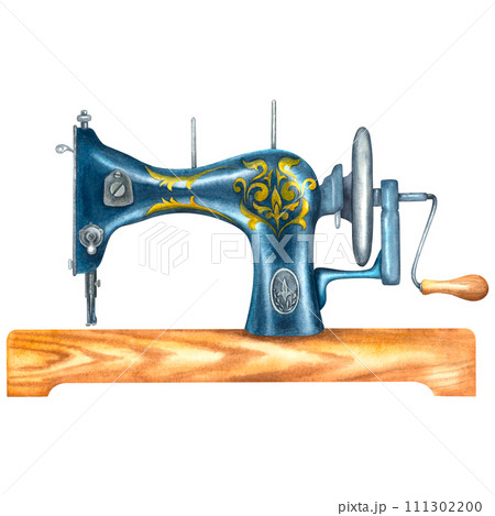 Watercolor vintage sewing machine on a wooden stand. Hand drawn illustration of antique blue metal sewing machine on isolated background. For sewing studio, clothes tailors logo, retro fashion 111302200
