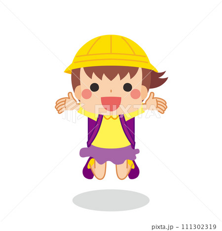 元気一杯の可愛い小学生の女の子のイラスト　白背景　ベクター　全身　1人　人物 111302319