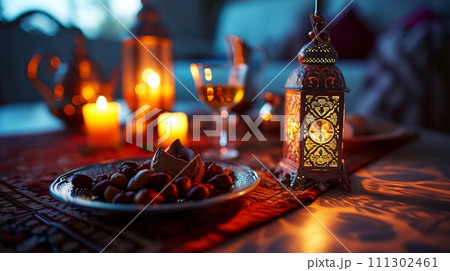 Ramadan lantern and foods. Festive still life with oriental lantern 111302461