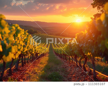 vineyard landscape at sunset 111303107