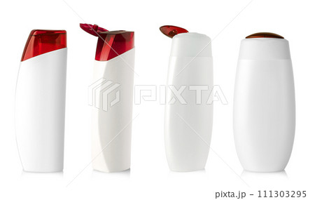 Set of White blank plastic bottles isolated on white background 111303295