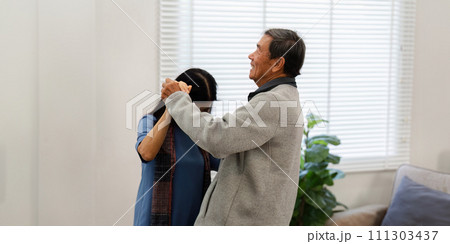 Holding hands, hug or happy old couple dancing for love, support or trust in marriage at home together 111303437
