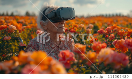 VRで花畑を楽しむおばあさん 111303489