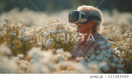 VRで花畑を楽しむおばあさん 111303490
